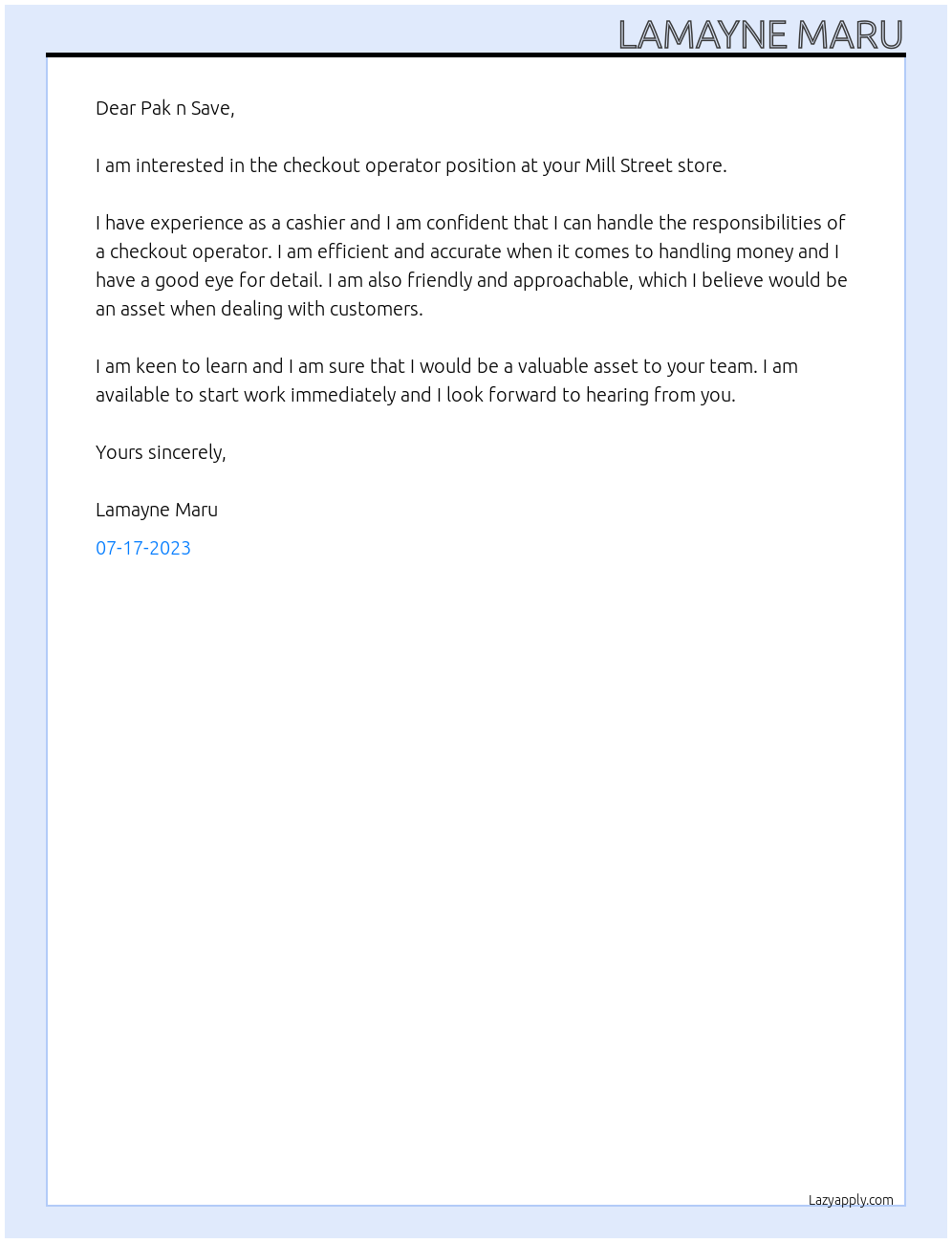 Checkout operator At Pak n Save Cover Letter