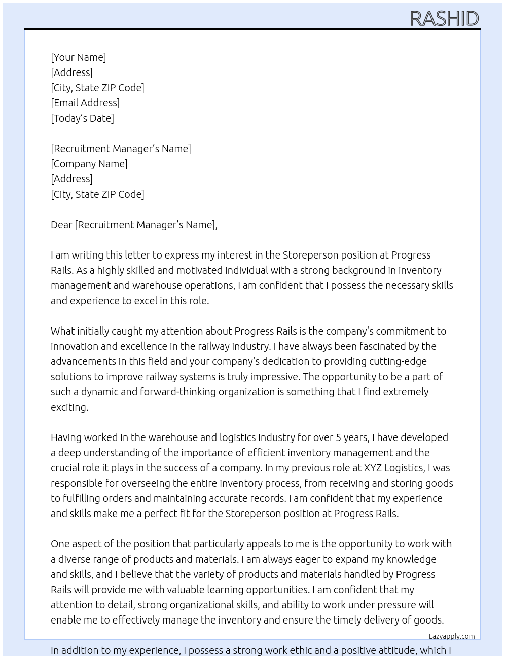 Storeperson At Progress Rails Cover Letter