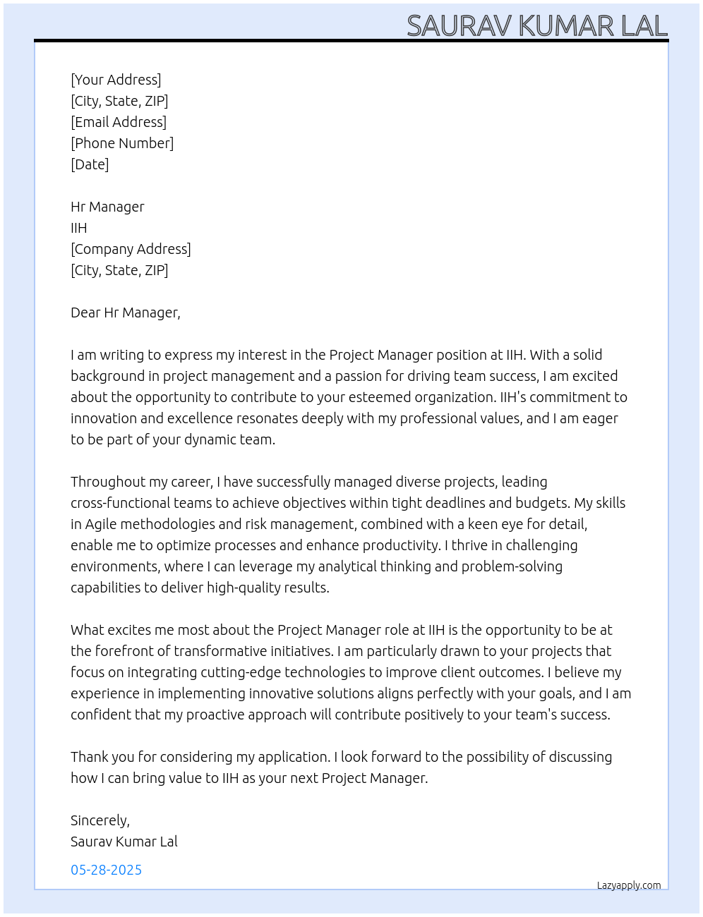 Project Manager At IIH Cover Letter