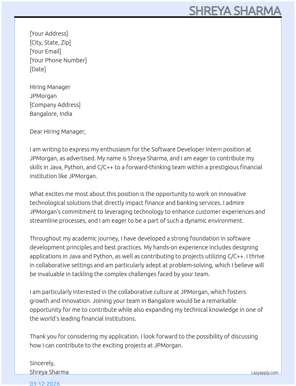 Software Developer At JPMorgan Cover Letter