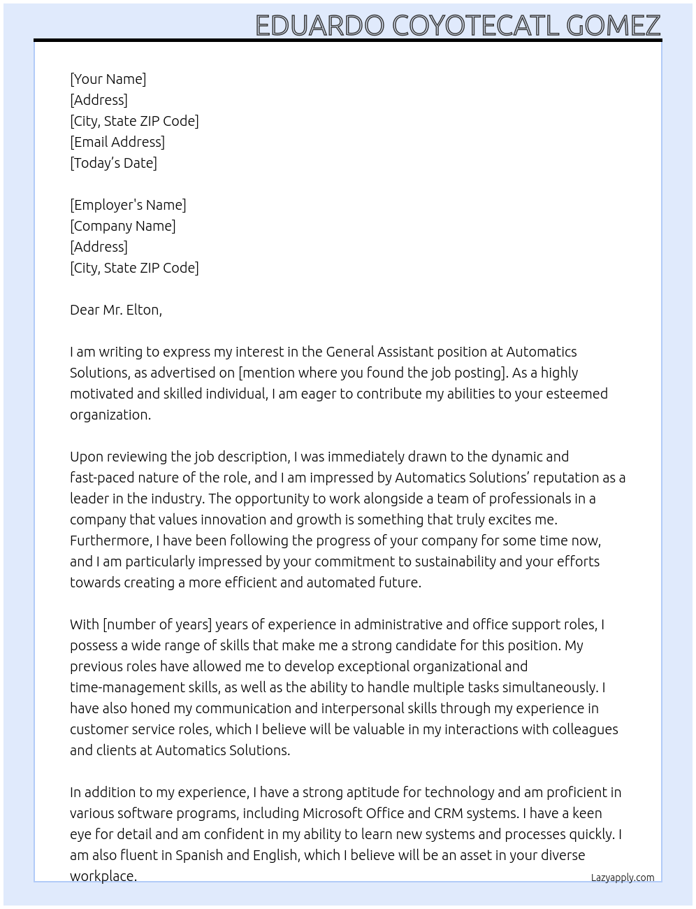 General assistant  At Automatics Solutions Cover Letter