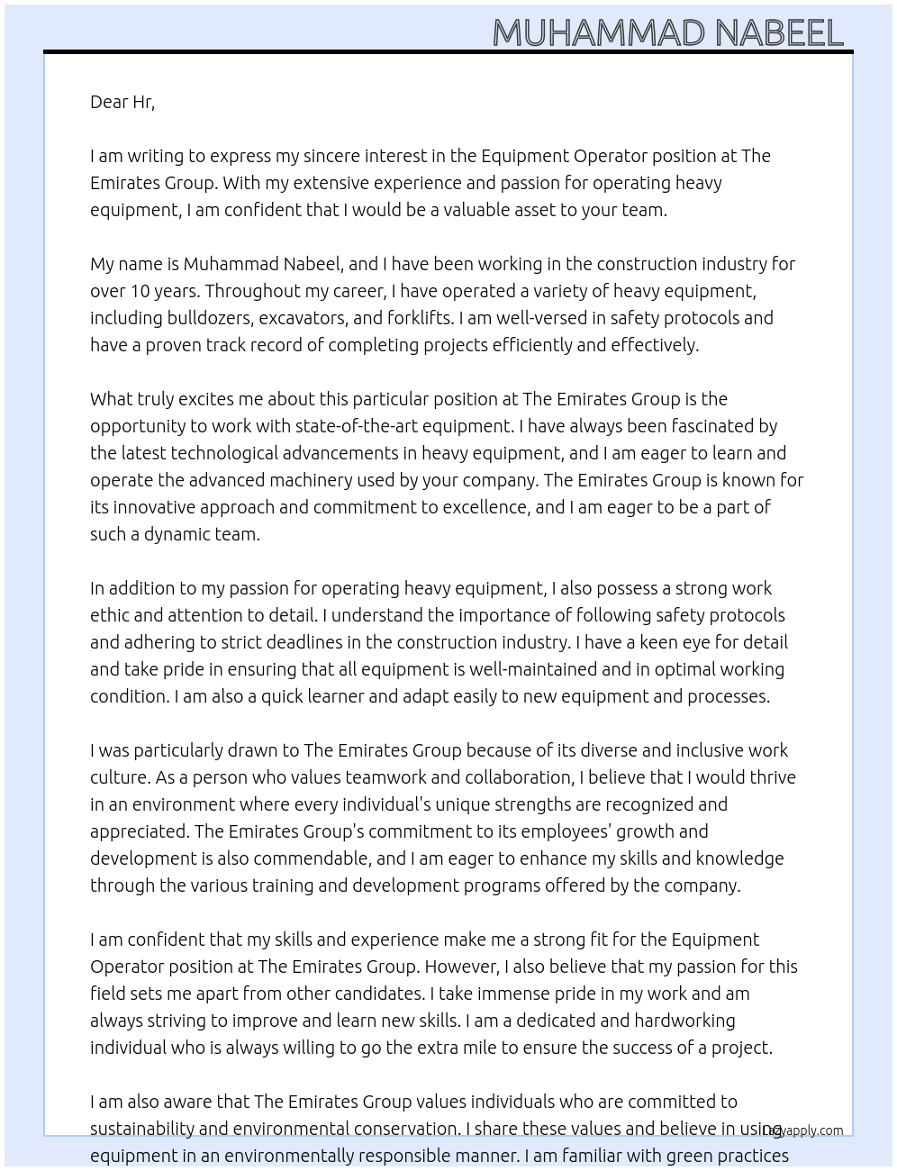 Equipment Operator At Tha Emirates Group Cover Letter