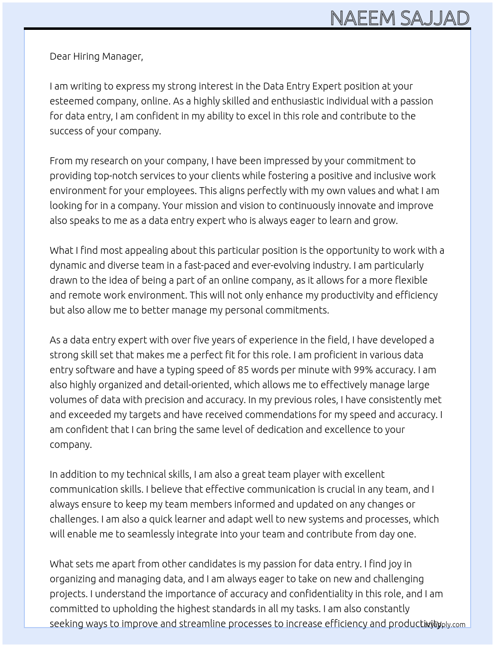 Data Entry Expert At online Cover Letter