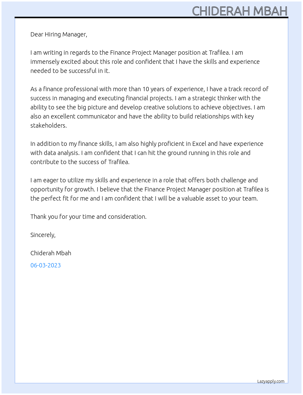 Finance Project Manager At Trafilea Cover Letter