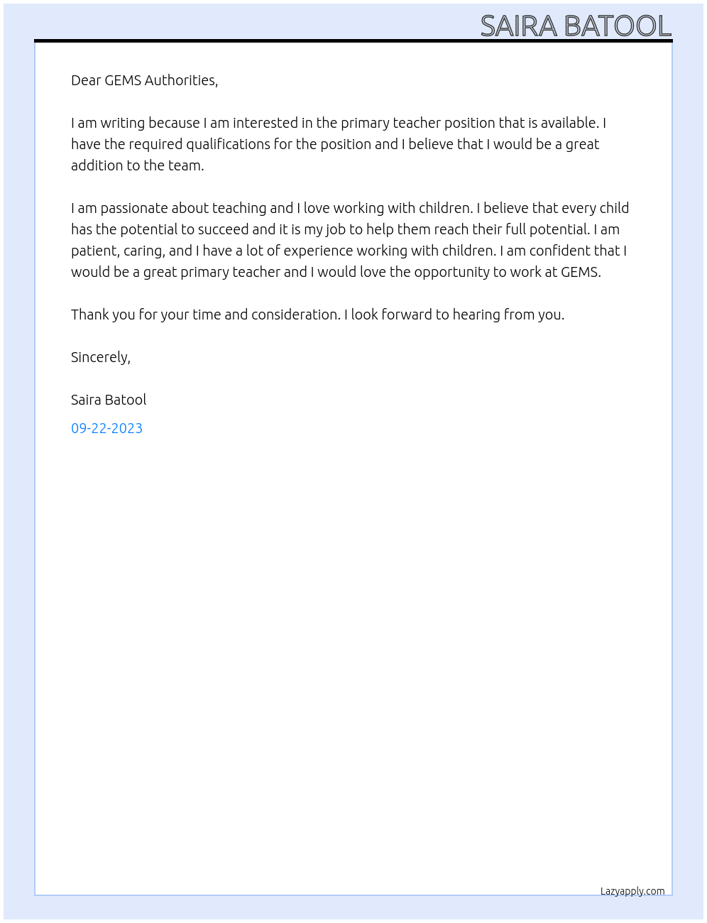 primary teacher At GEMS Cover Letter