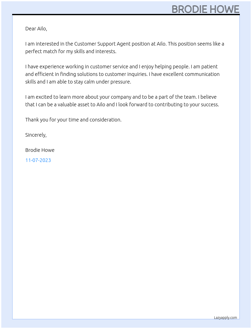 Customer Support Agent At Ailo Cover Letter