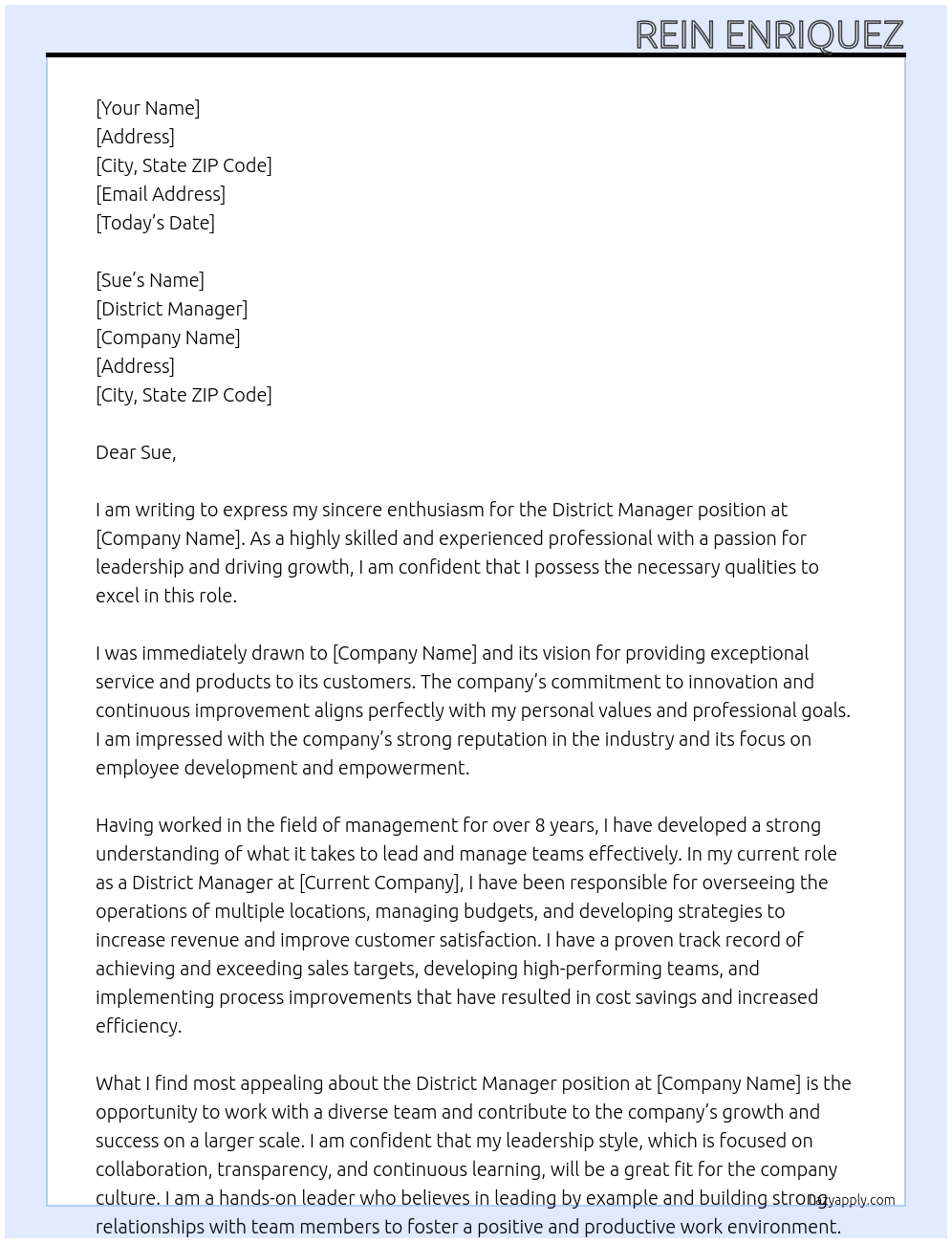 District Manager At District Manager Cover Letter