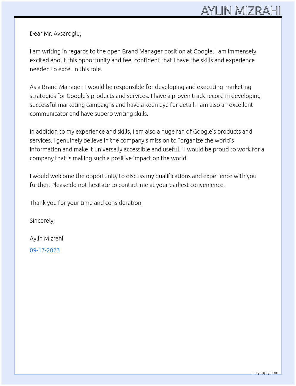brand manager At google Cover Letter