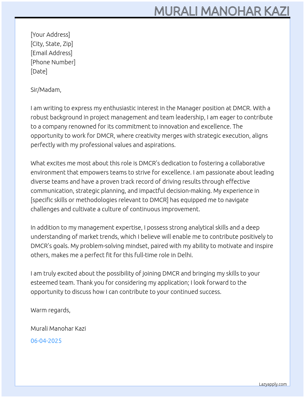 Manager At DMCR Cover Letter