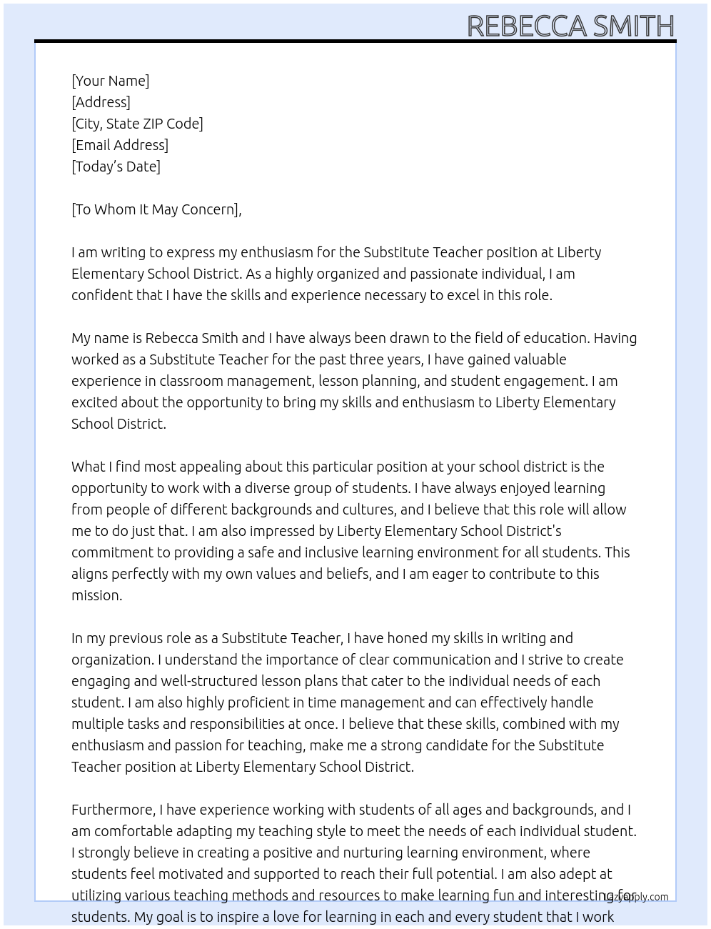 Substitute teacher At Liberty Elementary School District Cover Letter