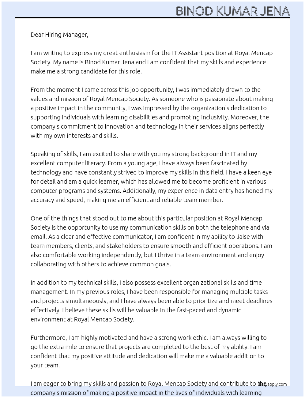 IT Assistant At Royal Mencap Society Cover Letter