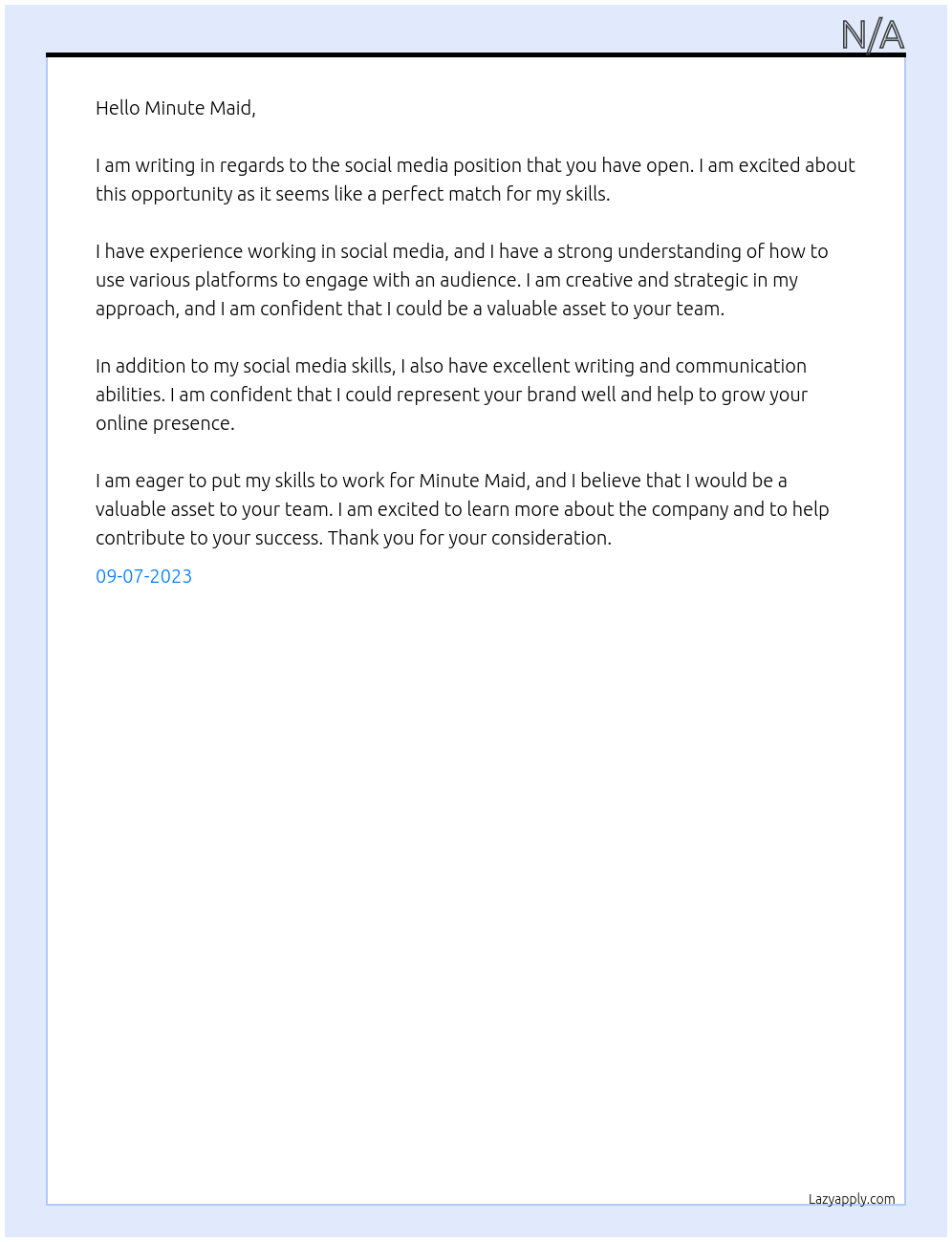 social media  At minute maid  Cover Letter