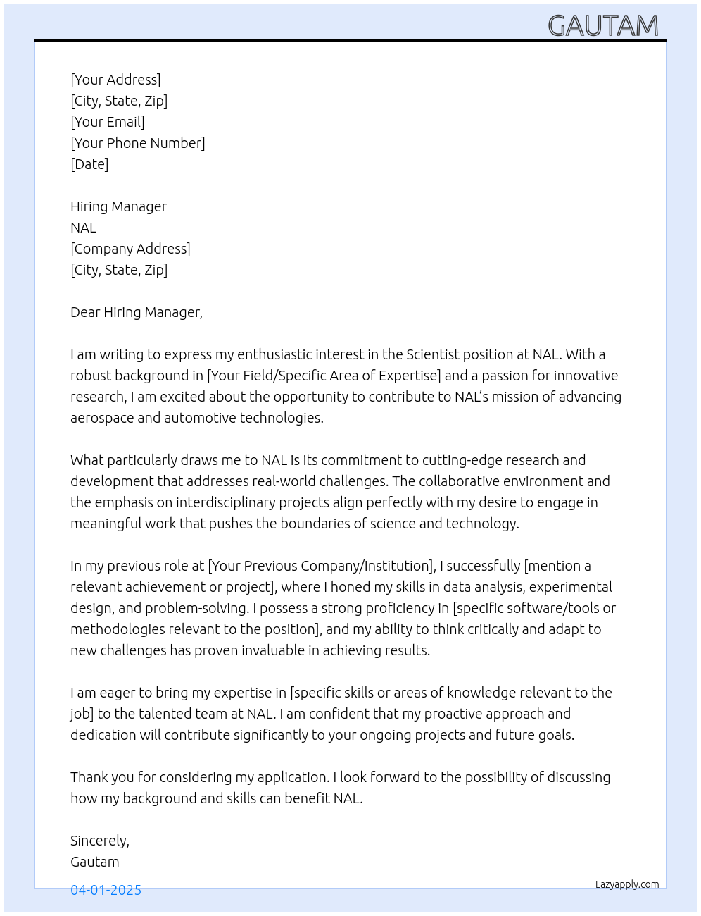 Scientist At NAL Cover Letter