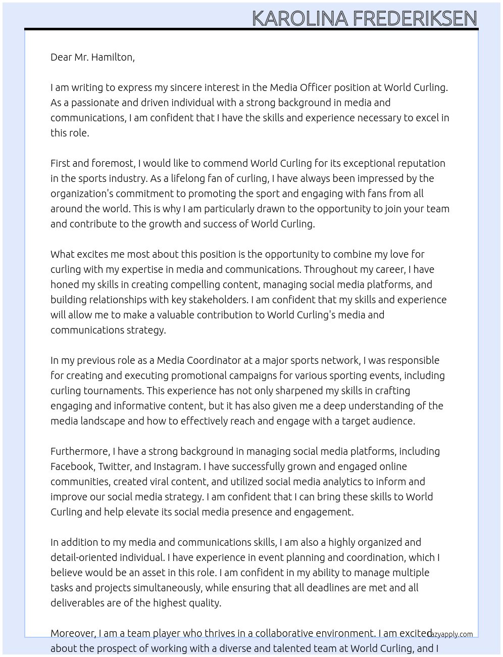 Media Officer At World Curling Cover Letter