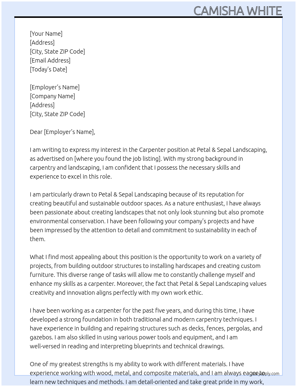carpenter At petal & sepal landscaping Cover Letter