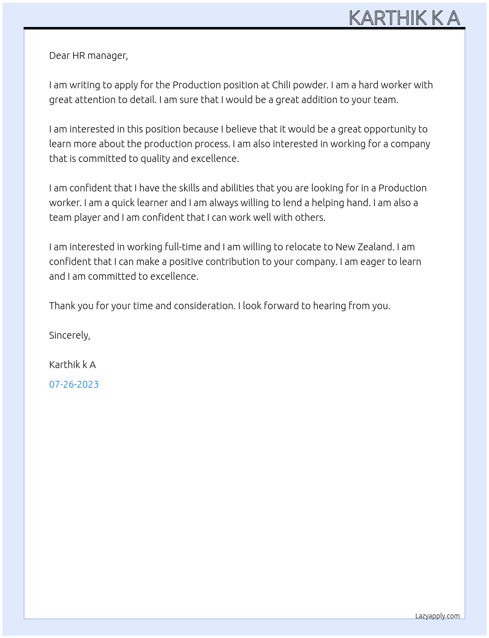 Production  At Chili powder  Cover Letter