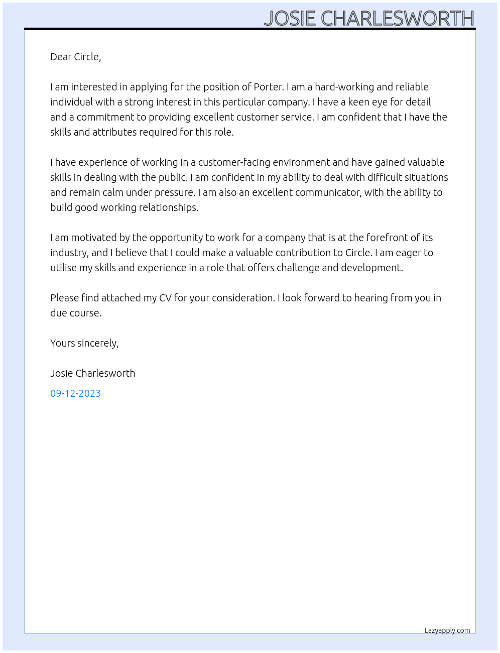 Porter At Circle  Cover Letter