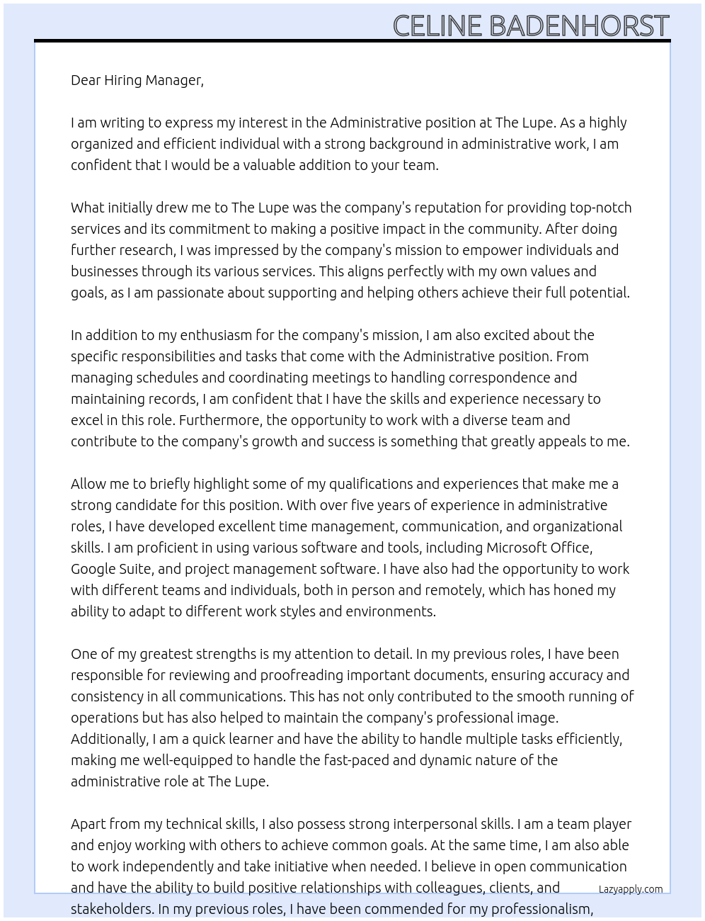 Administrative  At The Lupe Cover Letter
