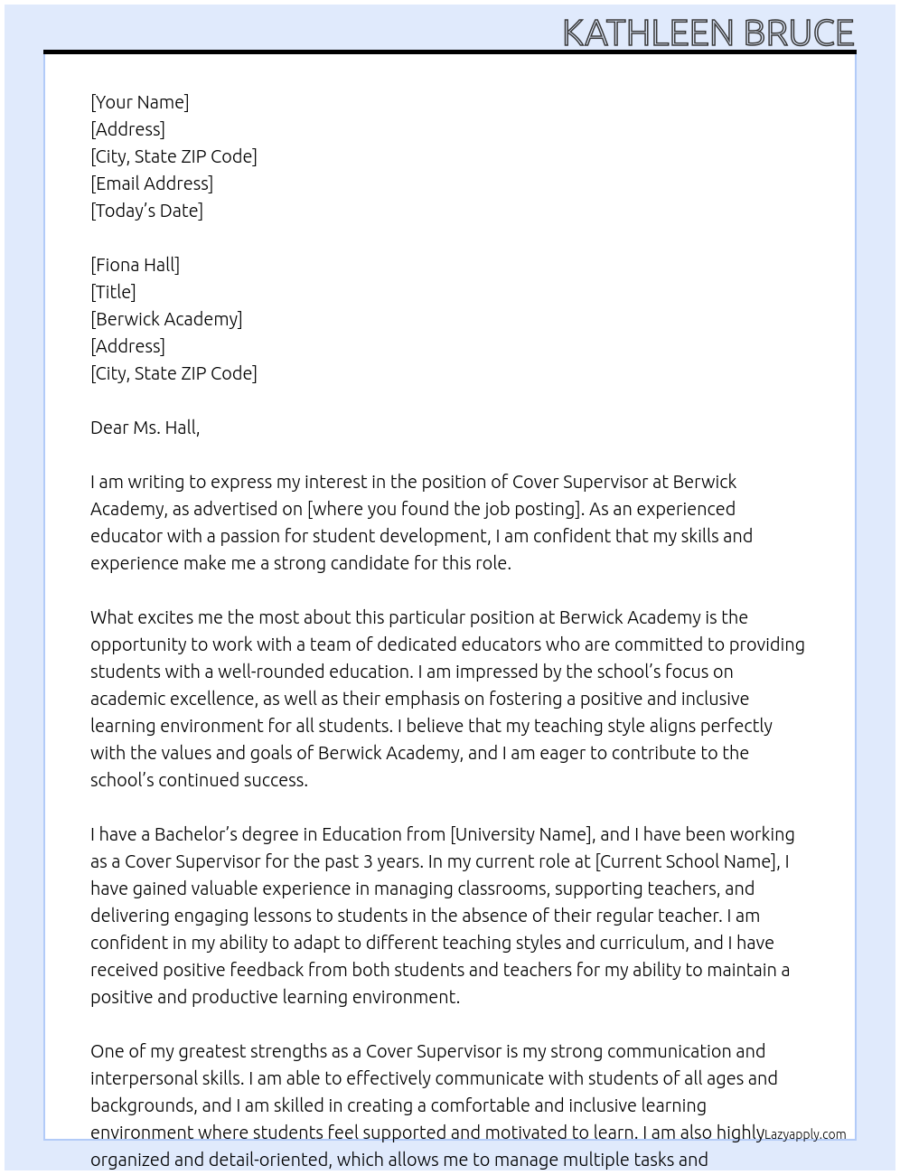 Cover Supervisor At Berwick Academy Cover Letter