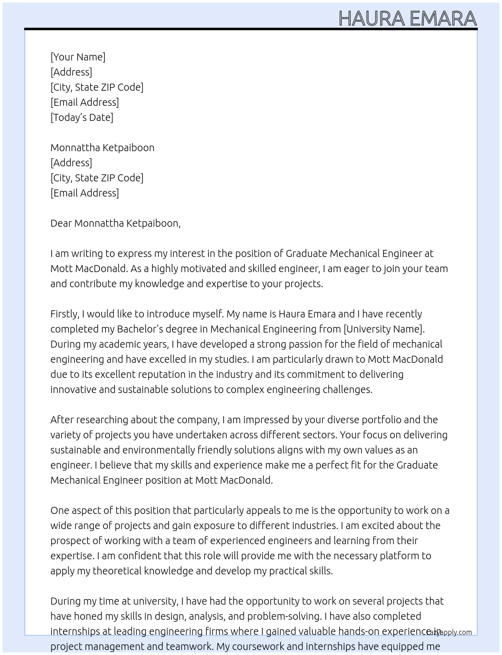 Graduate Mechanical Engineer At Mott MacDonald Cover Letter