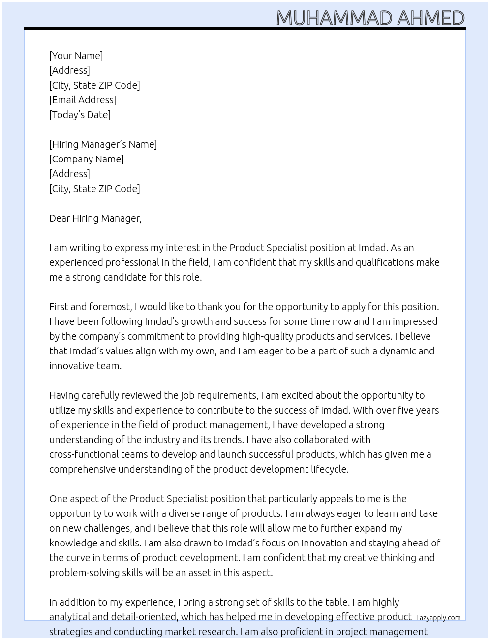 Product Specialist At imdad Cover Letter