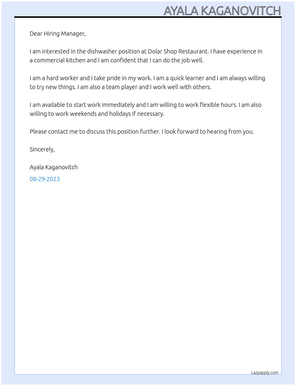 Dishwasher At Dolar Shop Restaurant Cover Letter