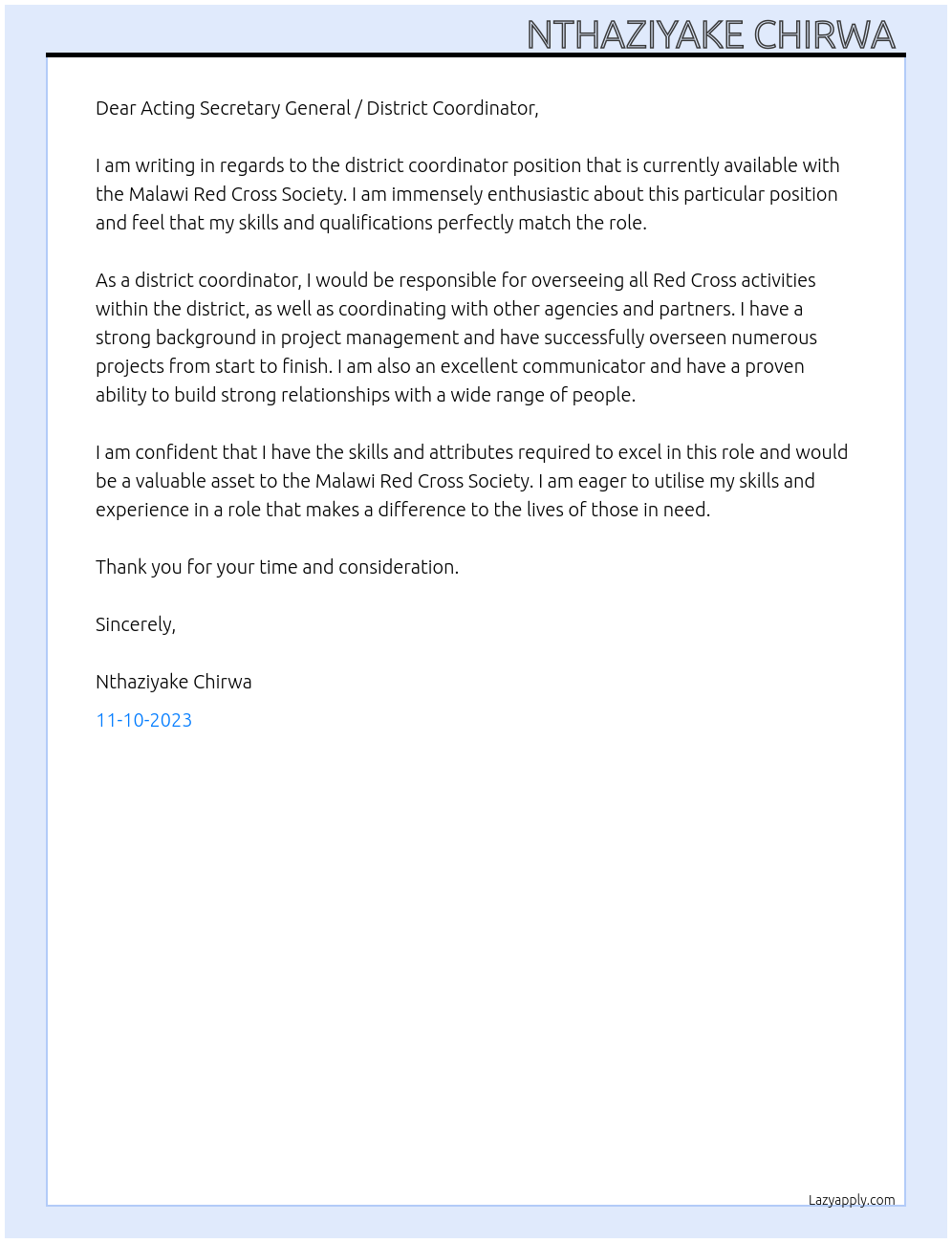 District coordinator At Malawi Red Cross Society Cover Letter