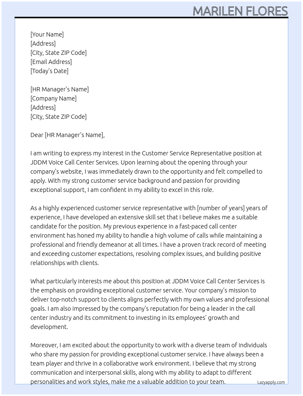customer service reperesentative At JDDM voice call center services Cover Letter