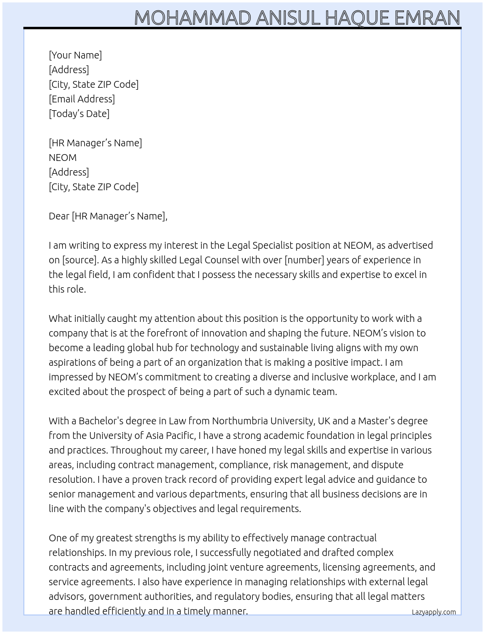 Legal Specialist At NEOM Cover Letter