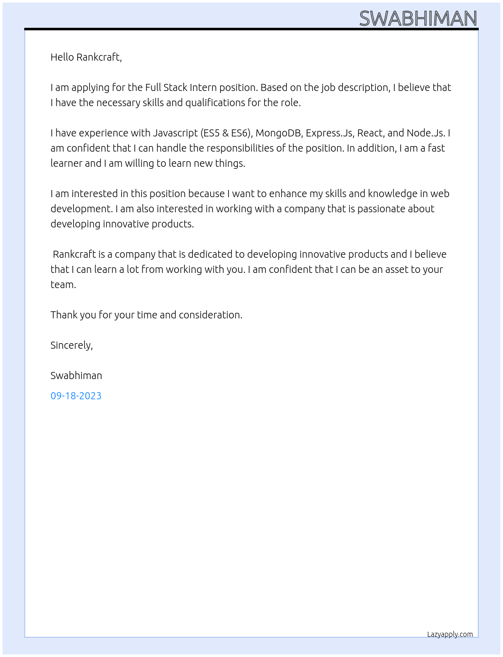 Full stack intern At rankcraft Cover Letter