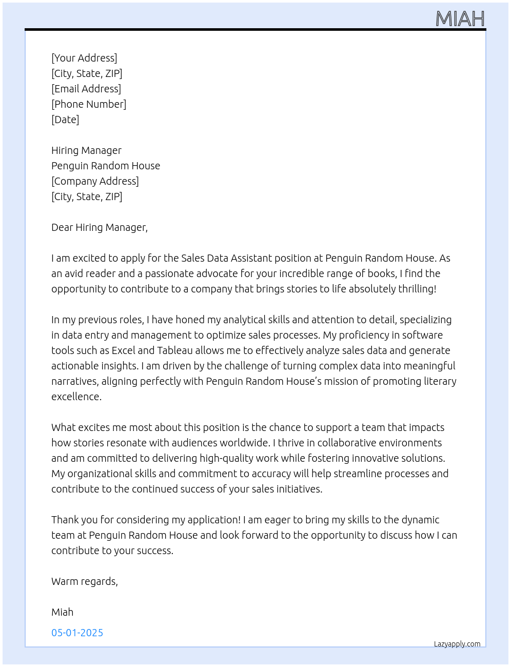Sales Data Assistant At Penguin Random House Cover Letter