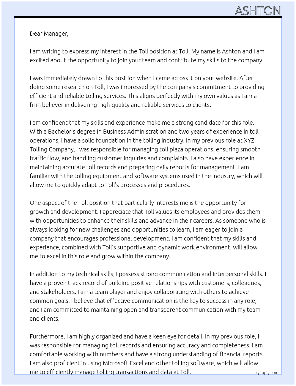 toll At Toll Cover Letter