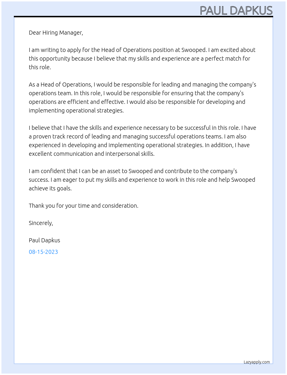 Head of Operations At Swooped Cover Letter