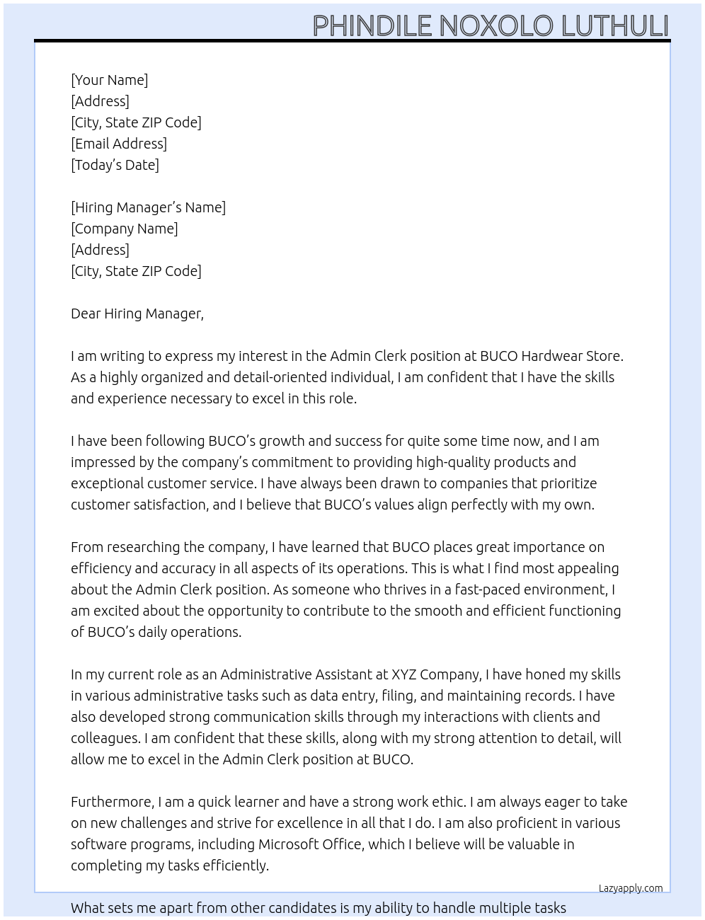 Admin Clerk At BUCO Hardwear Store Cover Letter