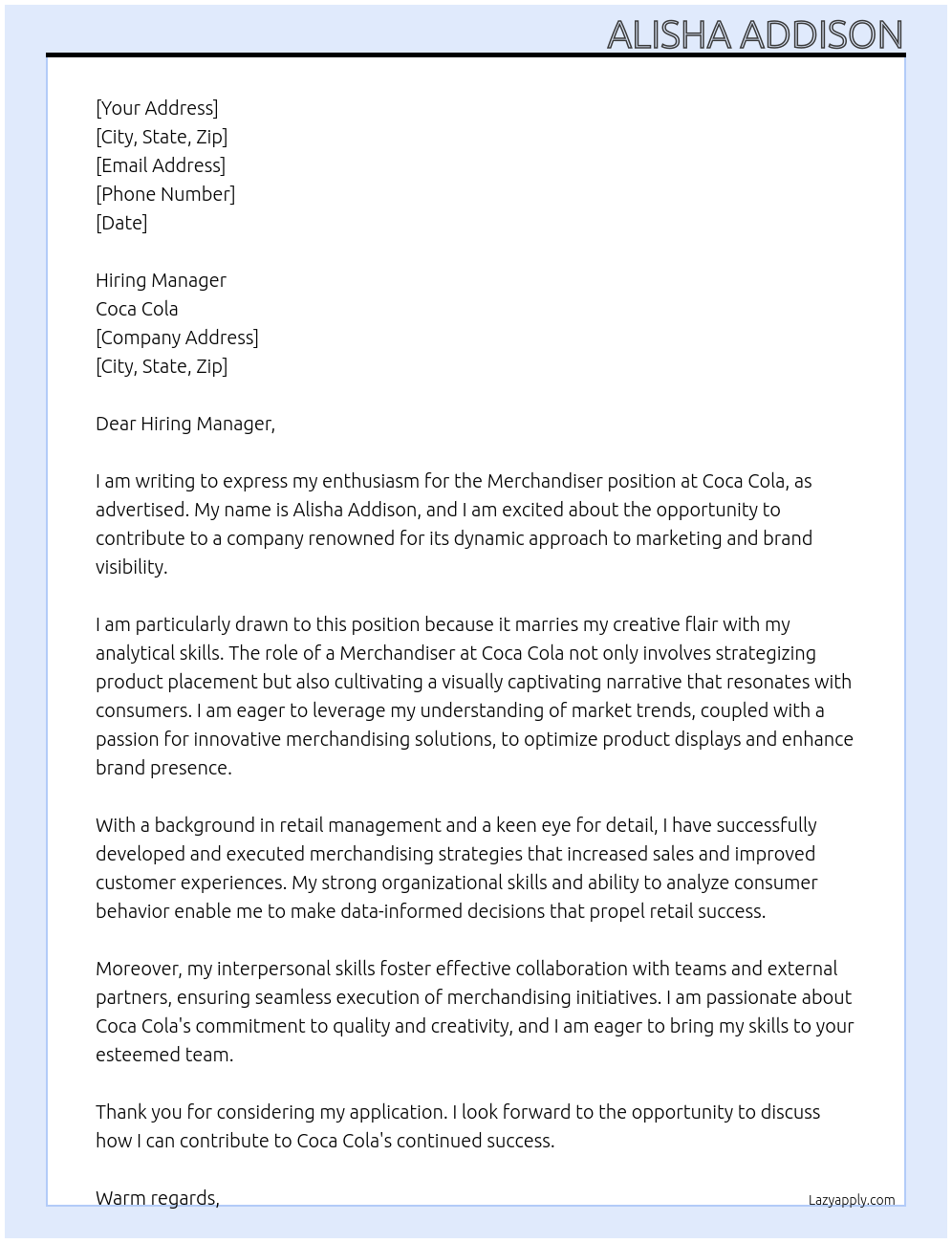 Merchaniser At Coca Cola Cover Letter