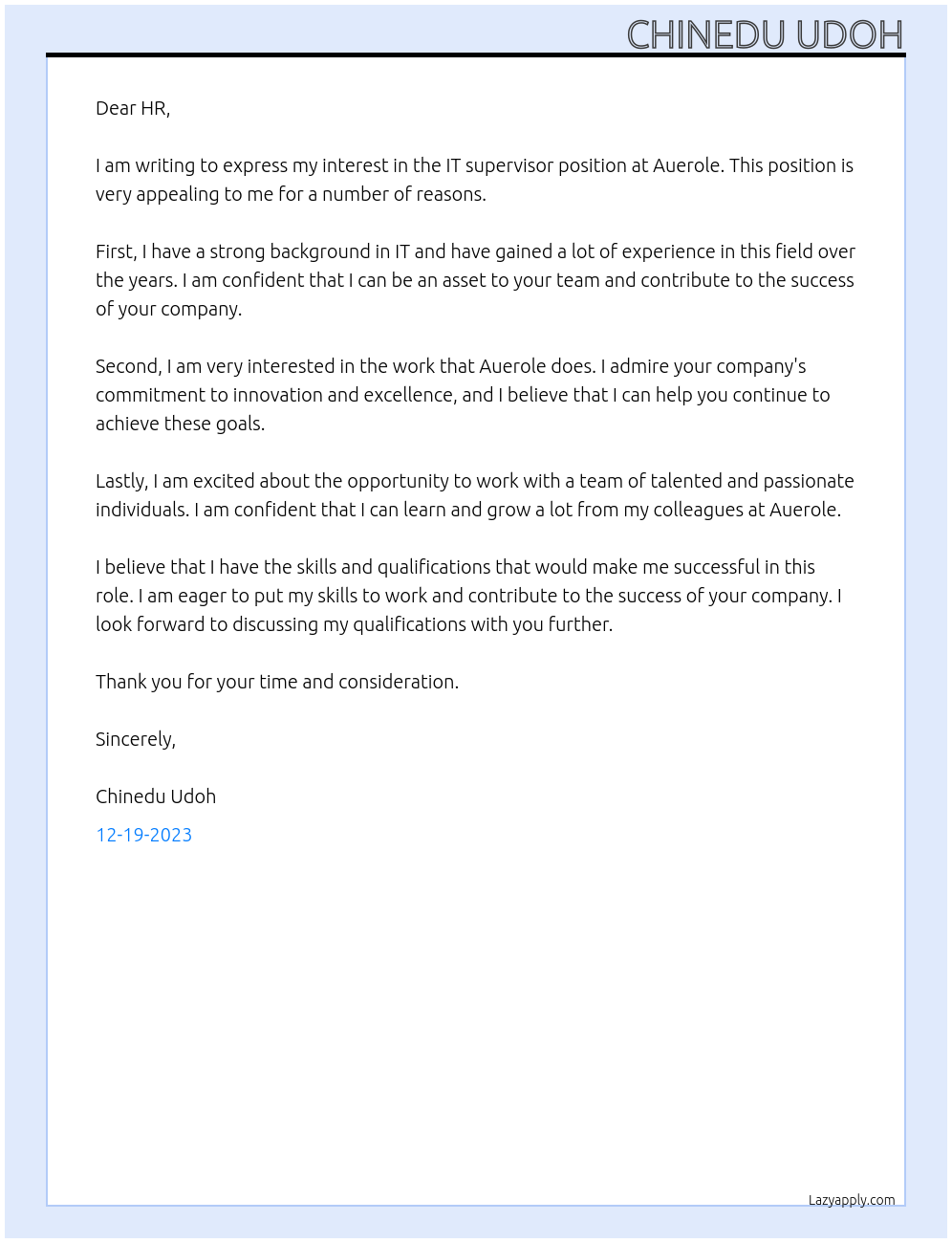 IT supervisor  At Auerole Cover Letter