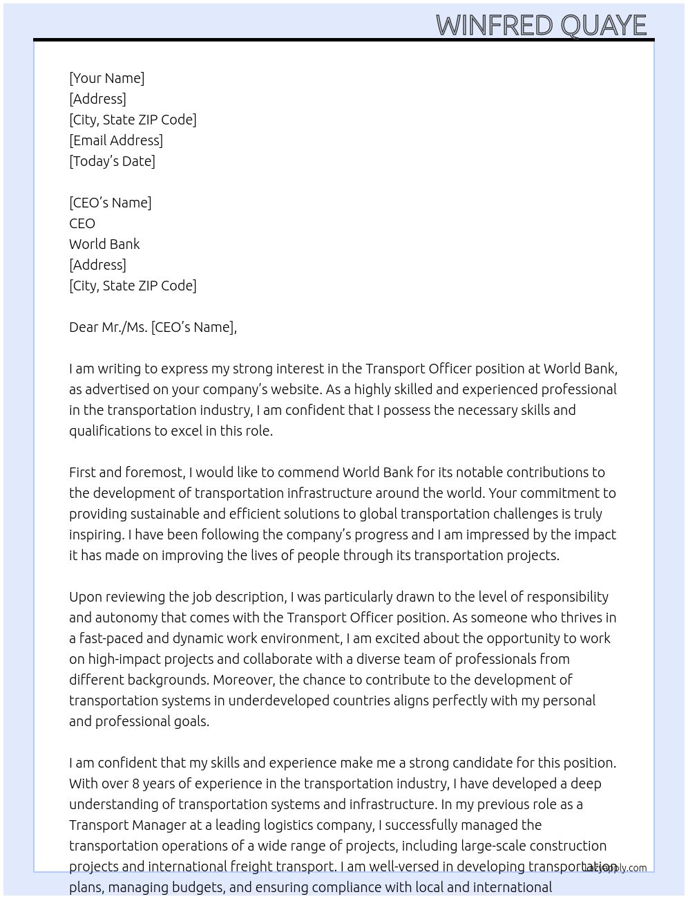 Transport Officer  At World Bank  Cover Letter