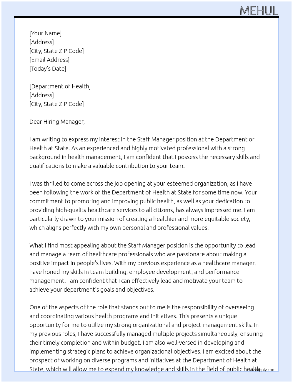 staff manager At State Cover Letter