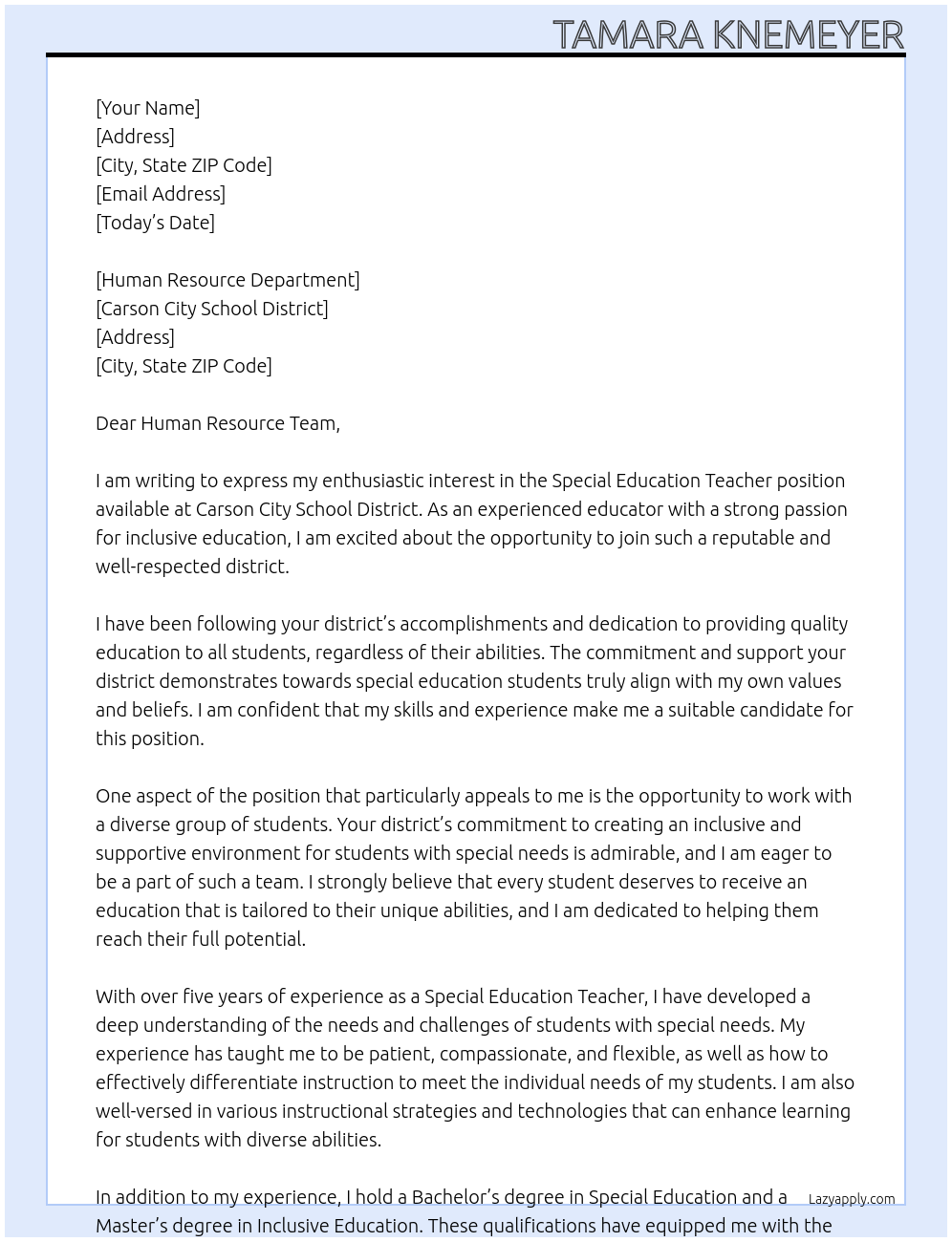 Special Education Teacher At Carson City School District Cover Letter