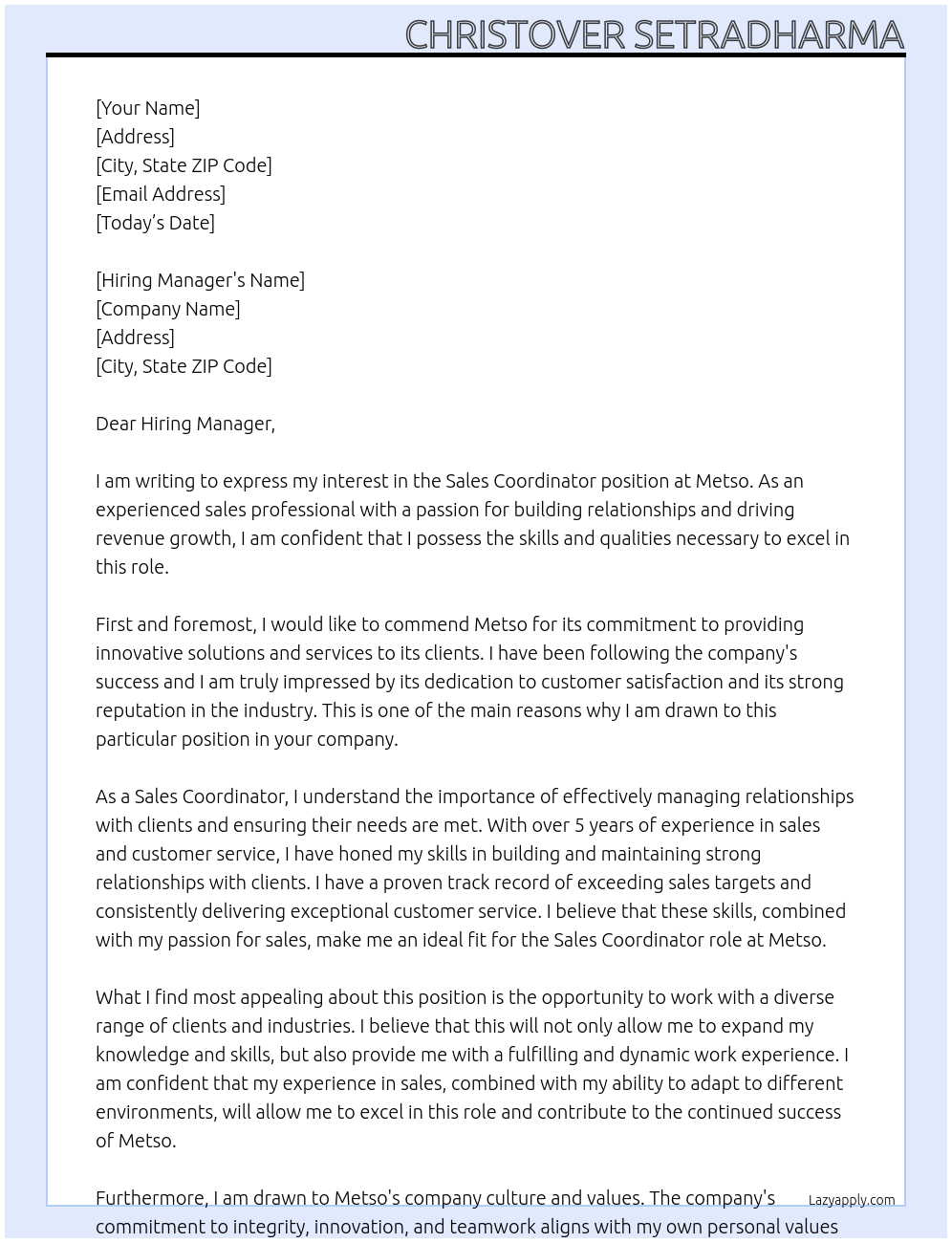 Sales Coordinator At Metso Cover Letter