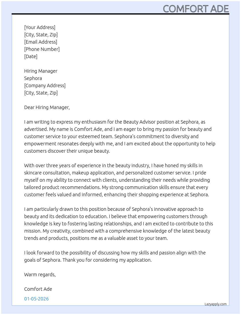 Beauty advisor  At Sephora Cover Letter