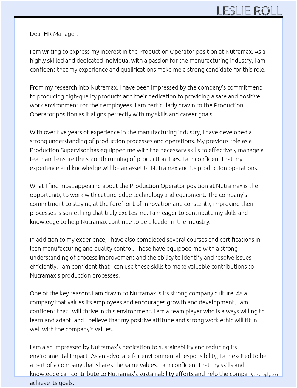 Production operator At Nutramax Cover Letter