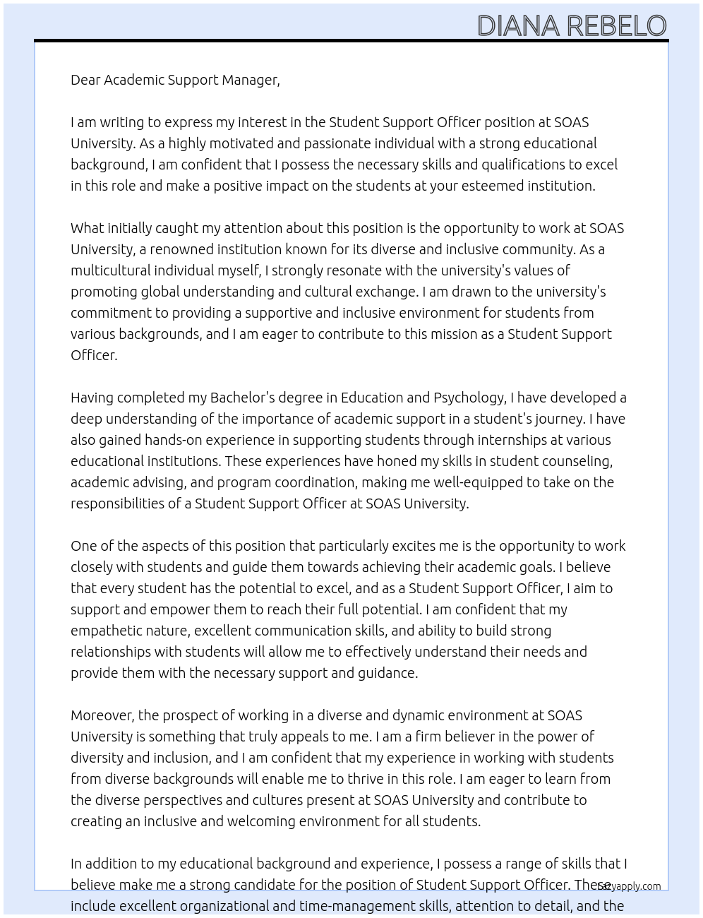 student support officer At SOAS University Cover Letter