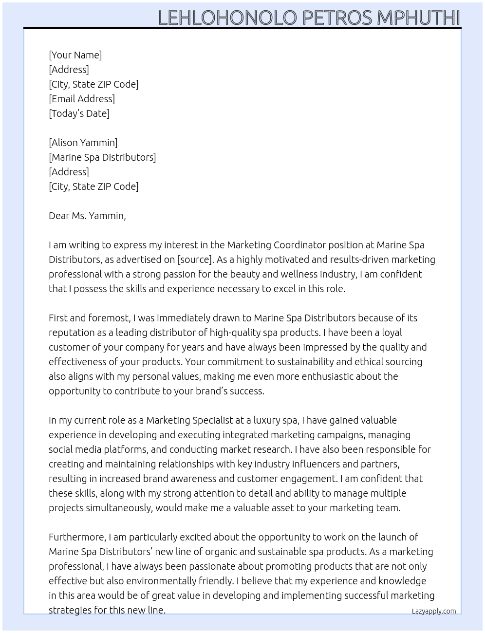 Marketing Coordinator At Marine Spa Distributors Cover Letter