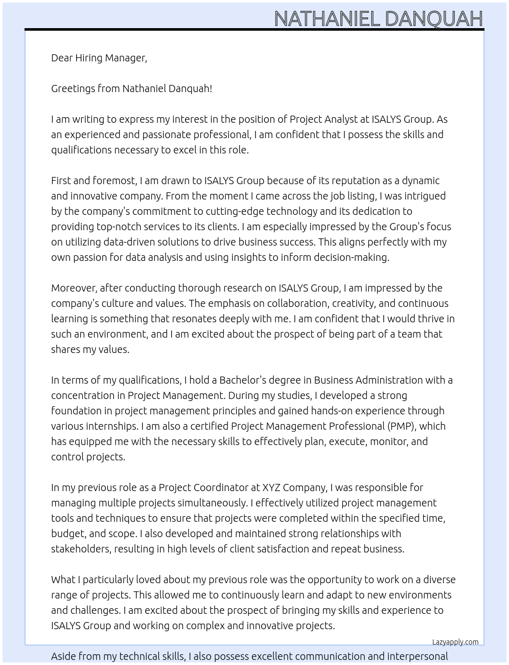 Project Analyst At ISALYS Group Cover Letter