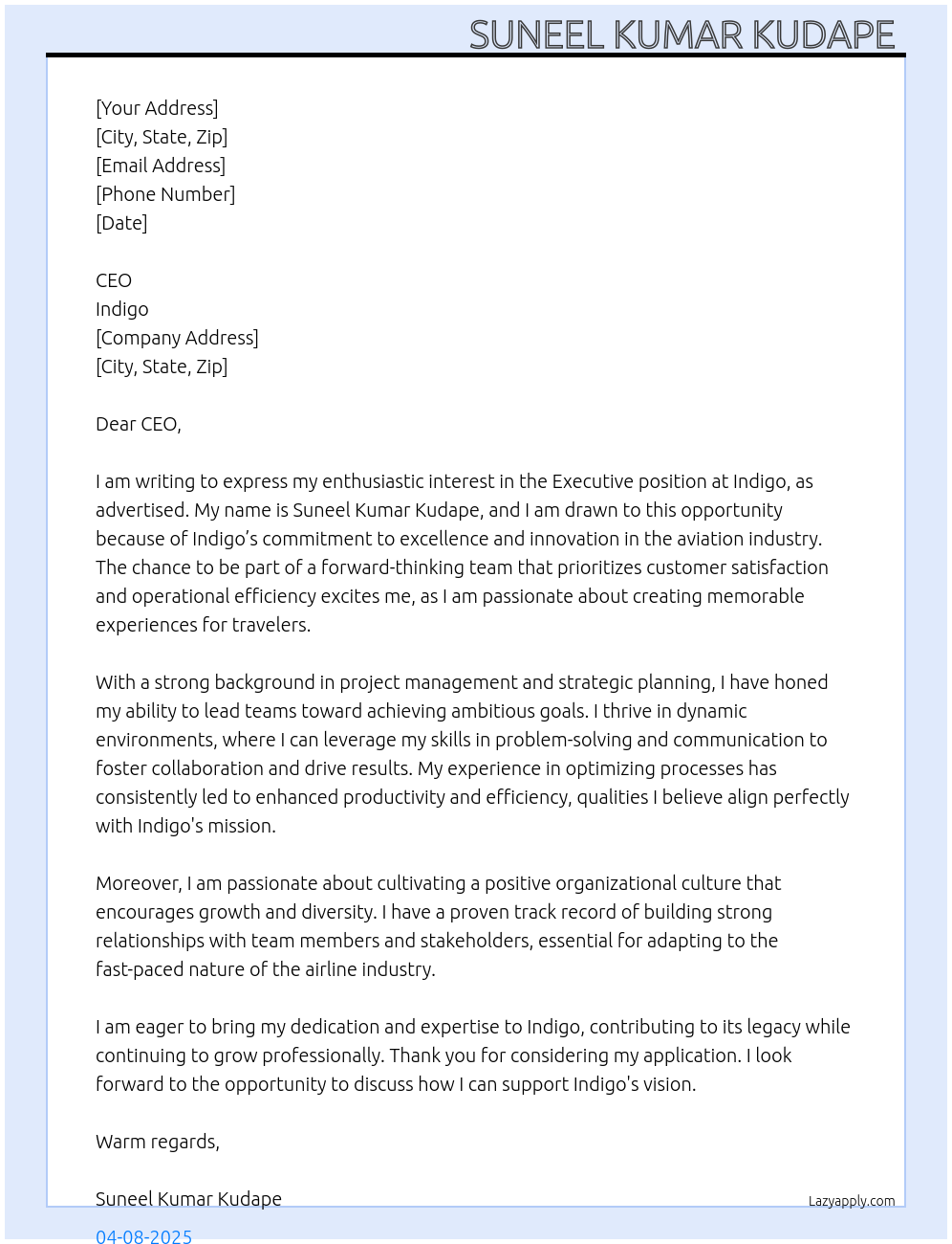 Executive At Indigo Cover Letter