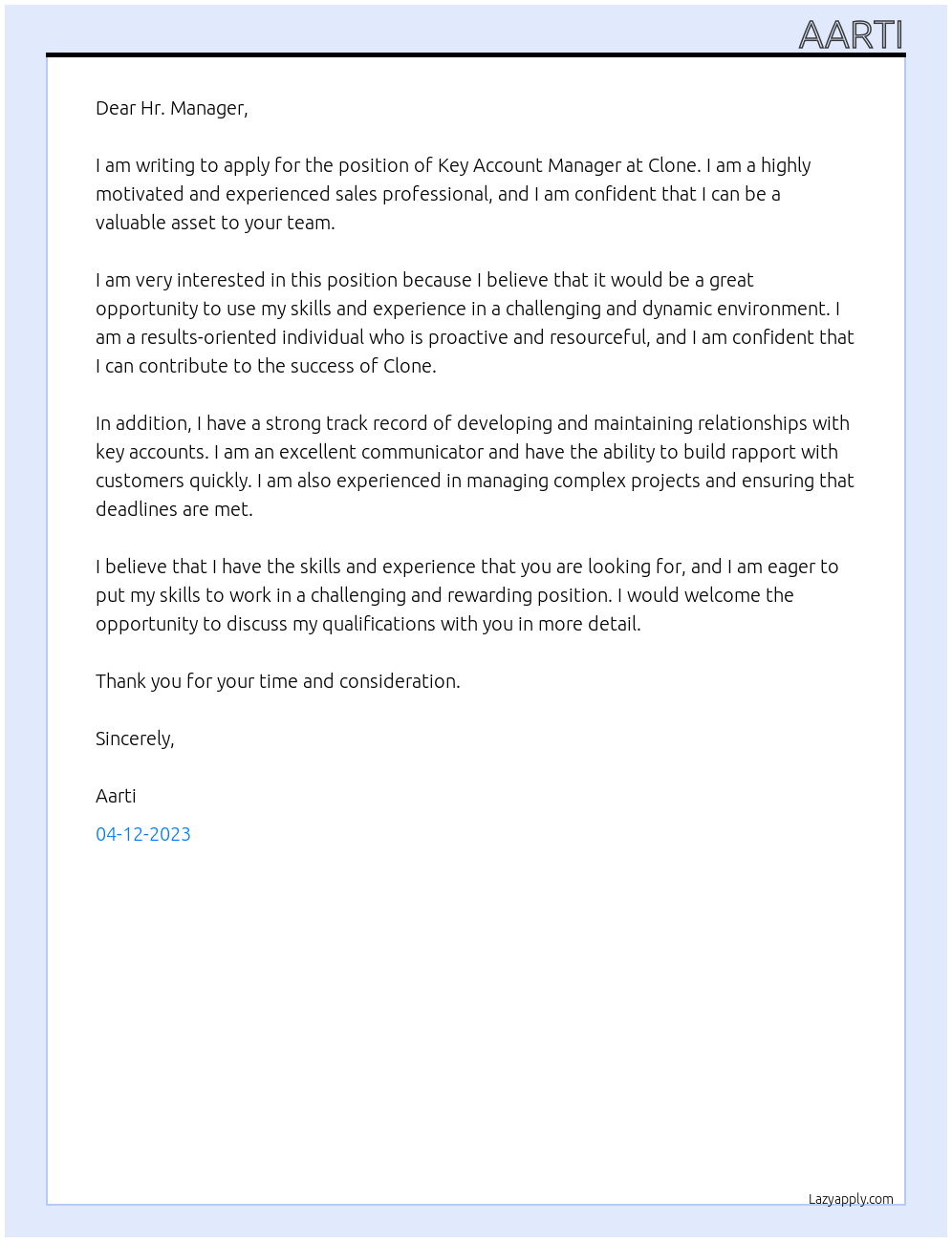 Key Account Manager At Clone Cover Letter