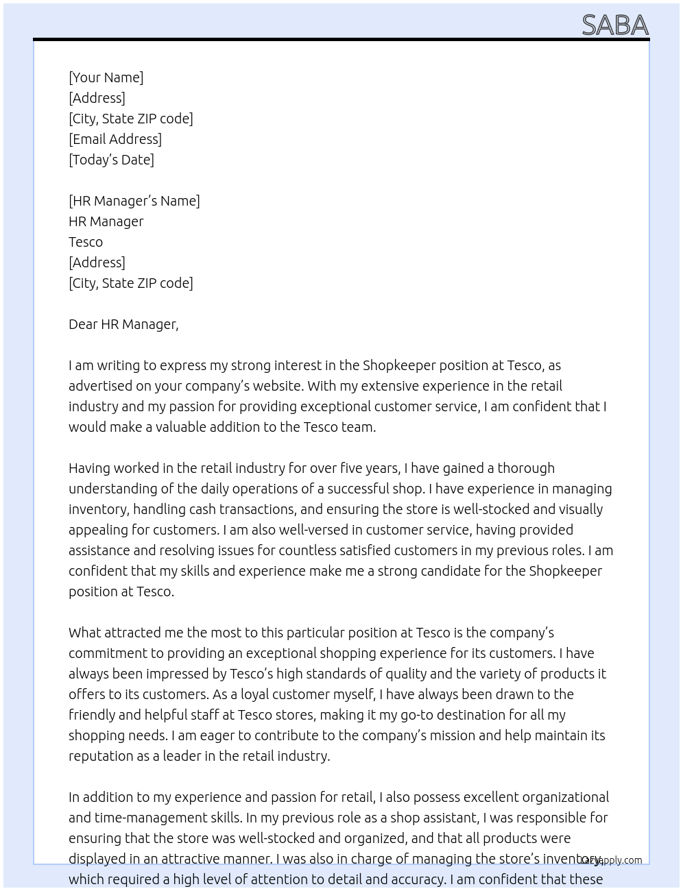 Shopkeeper At Tesco Cover Letter