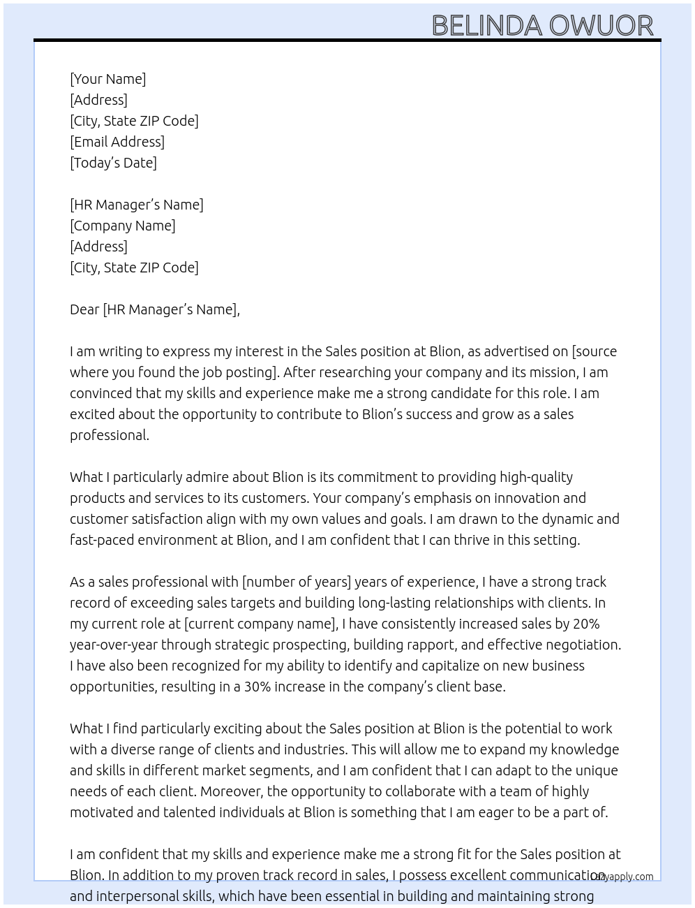 Sales person At Blion Cover Letter