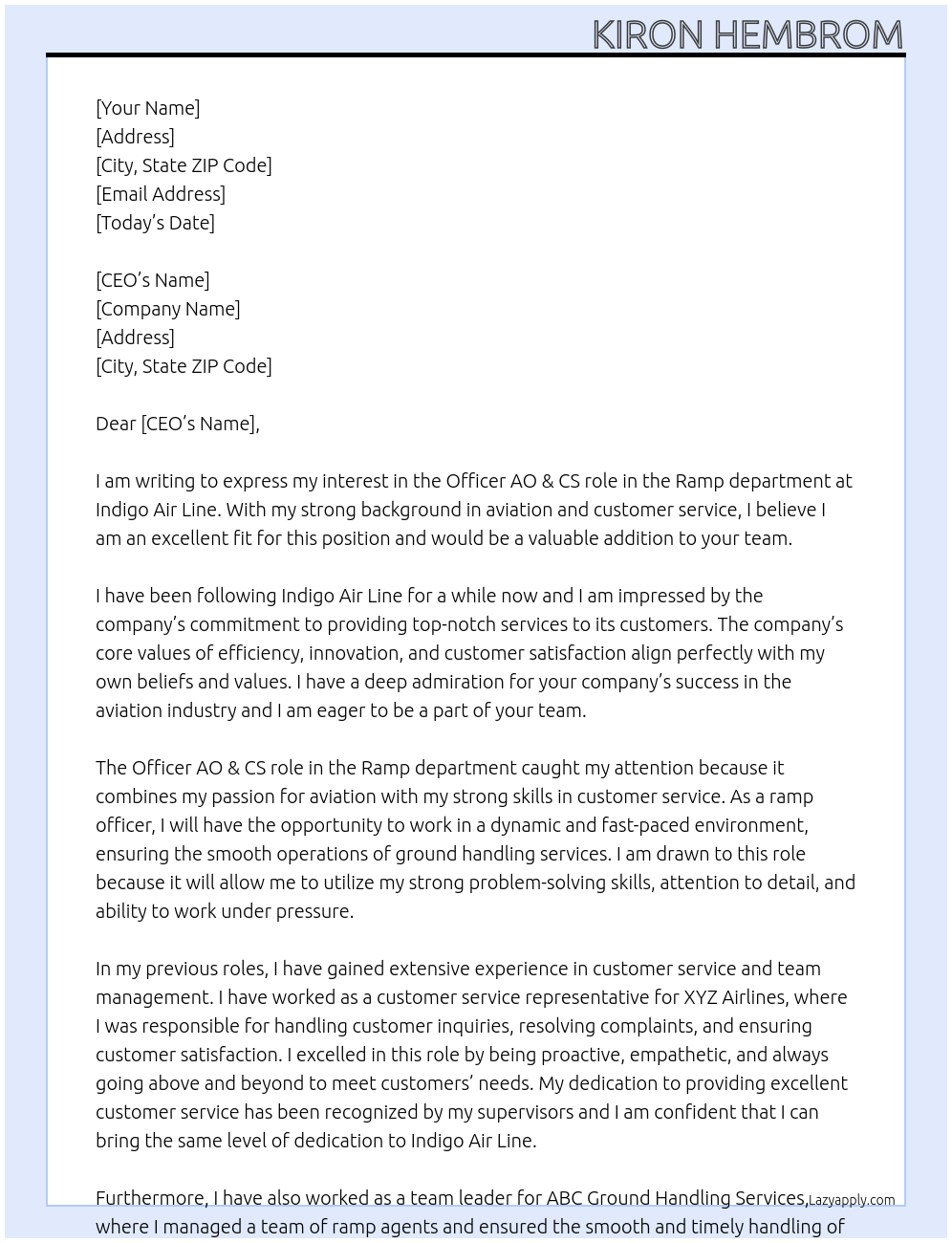 Cover letter for officer ao & cs in the role of ramp - LazyApply